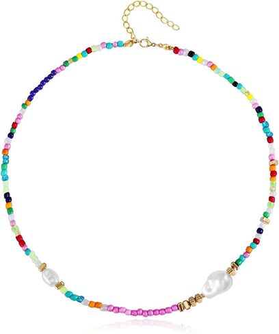 Beaded Necklace for Women, Colorful Beaded Choker Freshwater Pearl Necklace Stainless Steel 14K Gold Plated Boho Summer Necklace for Women Y2K Trendy Jewelry Gift in Saudi Arabia
