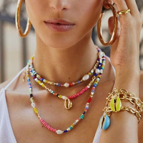Beaded Necklace for Women, Colorful Beaded Choker Freshwater Pearl Necklace Stainless Steel 14K Gold Plated Boho Summer Necklace for Women Y2K Trendy Jewelry Gift in Saudi Arabia