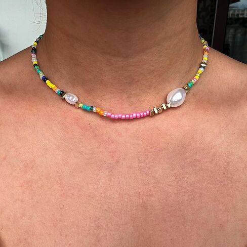 Beaded Necklace for Women, Colorful Beaded Choker Freshwater Pearl Necklace Stainless Steel 14K Gold Plated Boho Summer Necklace for Women Y2K Trendy Jewelry Gift in Saudi Arabia