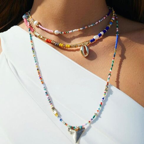 Beaded Necklace for Women, Colorful Beaded Choker Freshwater Pearl Necklace Stainless Steel 14K Gold Plated Boho Summer Necklace for Women Y2K Trendy Jewelry Gift in Saudi Arabia