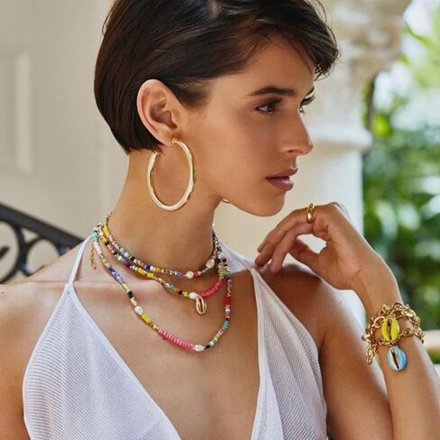 Beaded Necklace for Women, Colorful Beaded Choker Freshwater Pearl Necklace Stainless Steel 14K Gold Plated Boho Summer Necklace for Women Y2K Trendy Jewelry Gift in Saudi Arabia