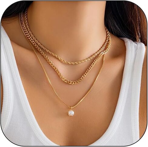 Dainty Layered Snake Paperclip Chain Necklaces Set for Women, 14k Gold Charm stacked Pearl Twisty Cuban Square Box Chain Choker Necklace Jewelry Gift in Saudi Arabia