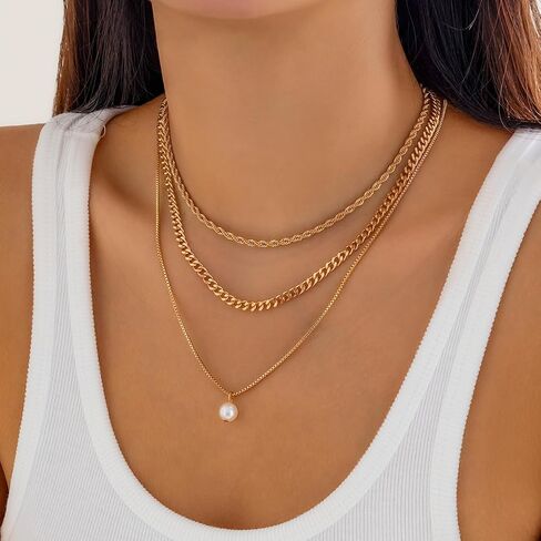 Dainty Layered Snake Paperclip Chain Necklaces Set for Women, 14k Gold Charm stacked Pearl Twisty Cuban Square Box Chain Choker Necklace Jewelry Gift in Saudi Arabia