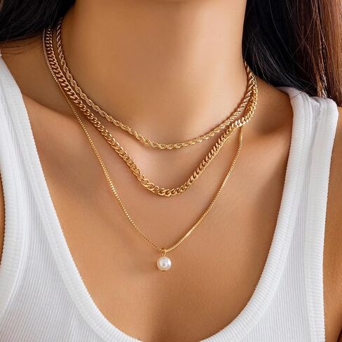Dainty Layered Snake Paperclip Chain Necklaces Set for Women, 14k Gold Charm stacked Pearl Twisty Cuban Square Box Chain Choker Necklace Jewelry Gift in Saudi Arabia
