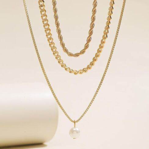 Dainty Layered Snake Paperclip Chain Necklaces Set for Women, 14k Gold Charm stacked Pearl Twisty Cuban Square Box Chain Choker Necklace Jewelry Gift in Saudi Arabia