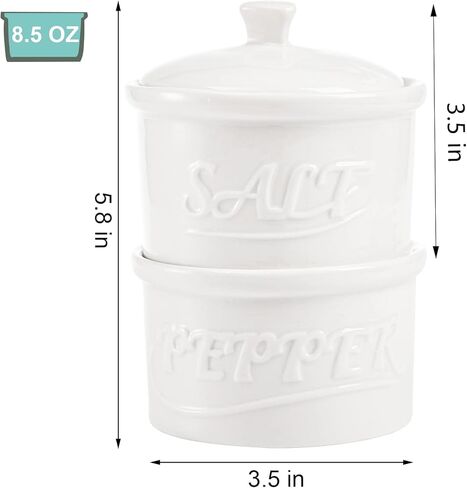 مجموعة هاكاروا المكونة من 2 قبو ملح وفلفل سيراميك مع غطاء وملعقة، أوعية ملح وفلفل قابلة للتكديس 8.5 أونصة، صندوق توابل المطبخ العتيق لأملاح البحر والسكر والأبيض in Kuwait