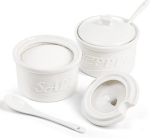 مجموعة هاكاروا المكونة من 2 قبو ملح وفلفل سيراميك مع غطاء وملعقة، أوعية ملح وفلفل قابلة للتكديس 8.5 أونصة، صندوق توابل المطبخ العتيق لأملاح البحر والسكر والأبيض in Kuwait