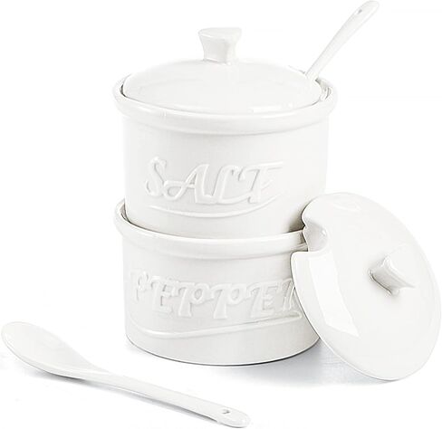 مجموعة هاكاروا المكونة من 2 قبو ملح وفلفل سيراميك مع غطاء وملعقة، أوعية ملح وفلفل قابلة للتكديس 8.5 أونصة، صندوق توابل المطبخ العتيق لأملاح البحر والسكر والأبيض in Kuwait