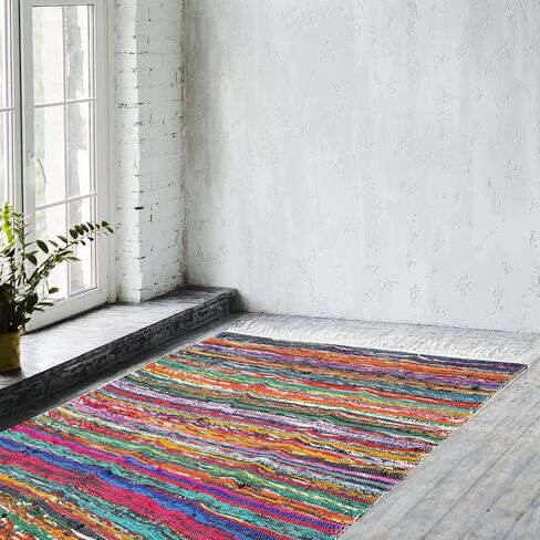 Eleet Eco Friendly 100% Recycled Cotton Chindi Rug - 3.5x6 Ft Hand Woven & Reversible for Living Room Kitchen Entry Runner (3.5x6 Feet, Blue Dyed Chindi Rug) in Saudi Arabia