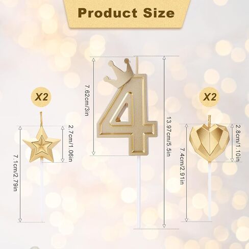 TOYMIS 1 Set of 3inch Birthday Candles, Including 1 Crown Cake Main Numeral Candles, 2 Star Candles and 2 Heart Candles for Birthday Anniversary Parties (Gold, 1) in Saudi Arabia