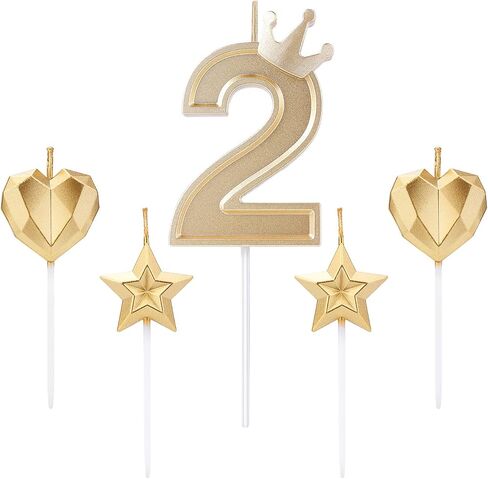 TOYMIS 1 Set of 3inch Birthday Candles, Including 1 Crown Cake Main Numeral Candles, 2 Star Candles and 2 Heart Candles for Birthday Anniversary Parties (Gold, 1) in Saudi Arabia