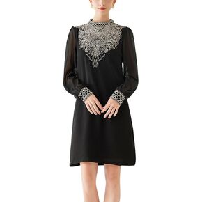 LAI MENG FIVE CATS Women's Retro Boho Embroidered Floral Round Neck Cocktail Mini Dress