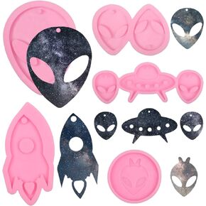 Shiny Glossy Alien-Shape Resin Jewelry Silicone Molds 3 Pcs, Cute Alien Spaceship Rocket Shaped Earring Keychain Fondant Mold for DIY Cake Cupcake Topper Decoration Candy Pendant Clay Craft Moulds