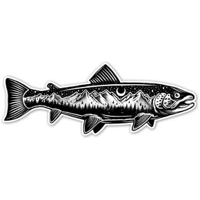 Trout Fish Decal Sticker for Car-Truck Windows Plus Laptops and Tumblers - Fly Fishing Vinyl Sign Art Print with a Forest, Trees and Mountains at Night with Moon and Stars, 6in x 2.3in, Small