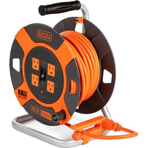 BLACK+DECKER 75 Ft. Retractable Extension Cord Reel With 4 Outlets, Multi-Plug Extension, Easy Handle Rewind & Heavy-Duty 14AWG SJTW Cable