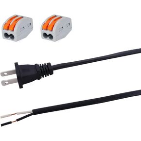 AC Power Cord Pigtail 2 Prong 18AWG, Replacement Power Cord Cable 120V AC Wall Plug, 3ft Polarized Cord Cable Black, Open End Power Cable 10A, Flat Wire Cord 1200W at 120VAC