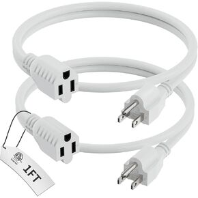1 Foot Extension Cord Black, 2-Pack Short Power Cord, Indoor/Outdoor 16 Gauge 3 Prong Grounded Wire ETL Listed, 13A 1625W 125V SJTW