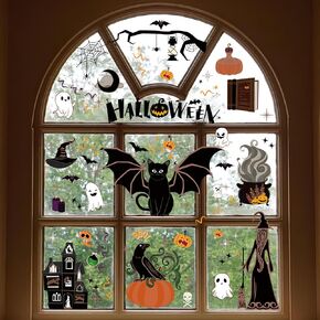 Halloween Window Clings Decorations Indoor Victorian Style Window Stickers for Glass, Halloween Window Decals Black Cat Bats Witch Castle Stickers Home School Office Decor, 3 Sheets