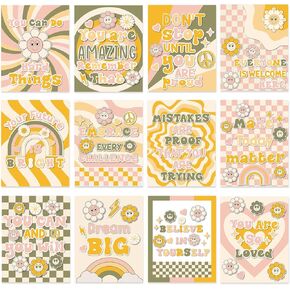 Nezyo 12 Pcs Retro Groovy Classroom Posters, Boho Hippie Flowers Bulletin Board Decor Educational Poster Mindset Posters for Nursery Bedroom School (Retro Groovy)