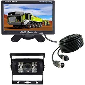 Vehicle Backup Camera with Monitor Kit,18LED IR Night Vision 4 Pin Reverse Rear View Mirror Camera + 7" Car LCD Monitor Parking System 12V-24V with 49ft Cable for Long Bus Truck Trailer RV Tractor