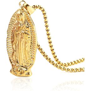 HZMAN Stainless Steel Blessed Mother Mary - Our Lady of Guadalupe Pendant Necklac with Steel Wheat Chain