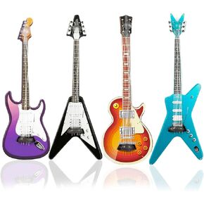 Suartus Miniature Guitar Miniature Bass Model - 4Pcs 1:12 Mini Musical Instrument Bass Guitar Wooden Guitar Model Display Ornaments for Mini Music Room Dollhouse Accessories Model Home Decoration