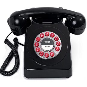Tyler Retro Style Landline Phone, Push Button Rotary Look, Large Button Vintage Corded Phone, Power Outage Safe, Redial Button, Old Classic Retro Phone (Black)