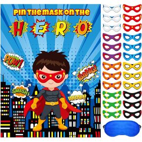 Faccito Hero Party Games Super Theme Hero Games Pin Mask on the Cityscape Poster with 24 Pcs Stickers and Blindfold Pin the Tail Set for Birthday Party Decorations Carnival Favors Supplies