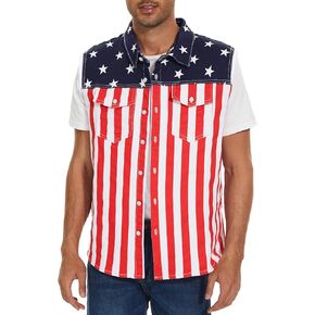 Men's Denim American Flag Retro Vest Stretch Sleeveless Jean Shirt Collar Slim Fit Lightweight