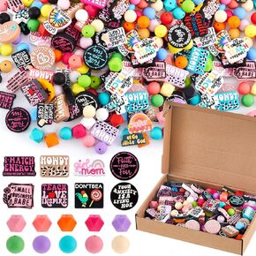 200 Pcs Inspirational Silicone Focal Beads for Pen Bulk Colorful Hexagon Round Silicone Beads for Keychain Making DIY Gift Necklace Bracelet Jewelry Supplies(Classic)