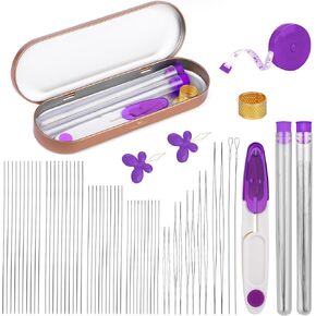 GarfxG 60 PCS Beading Needles Set with Collapsible Big Eye Beading Needles, Twisted Wire Seed Beading Needles, Straight Beading Needles and Threaders, Thimble, Scissors, Measure Tools in Storage Box
