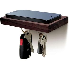 Plank Floating Cell Phone Wall Mounted Wood Shelf with Magnetic Keyhook - Natural Wood
