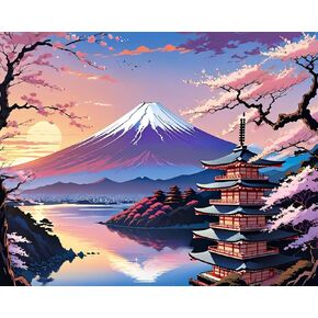 Rebotipy Paint by Numbers for Adults Japan Mount Fuji with Pagoda Flowering Cherry Paint by Number on Canvas Without Frame,DIY Oil Painting for Home Wall Decor(16x20inch)