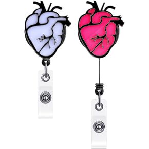 2 Pack Heart Badge Reels Nurse ID Card Holder Retractable Cardiac Badge Reel Name Badge Holder ID Badge Clips with Alligator Clip for Nurse Doctor Office School Employee (Black White, Black Red)