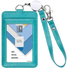 Wisdompro Badge Holder with Wrist Lanyard, 2-Sided PU Leather ID Card Holder Wallet Case with Wristlet Strap and Retractable Reel, Easy Swipe for Work, School, Metro and Access Card - Teal