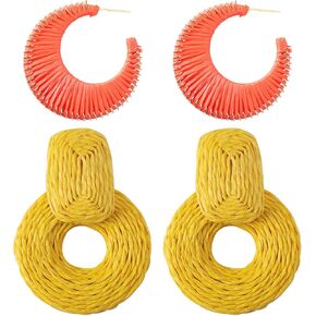 أقراط الرافية للنساء - 2.5 بوصة × 1.8 بوصة أقراط متعددة من الروطان أقراط بوهو أقراط الشاطئ أقراط هندسية من القش أقراط صيفية للفتيات أقراط متدلية in Kuwait