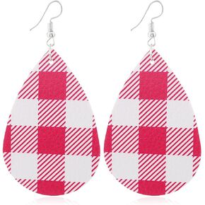 Coadipress Plaid Teardrop Faux Leather Earrings for Women Girls Black White Mesh Lattice Twill Striped Monochrome Streaks Square Gingham Lightweight Handmade Drop Dangle Earring Holiday Party Gift