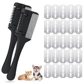 2 Pcs Razor Comb for Dogs Cats with 20 Pcs Extra Blades Pet Razor Comb 2 in 1 Trimming&Grooming, Dog Cat Brush that Cuts Hair, Hair Cutter Comb for Dog Cat, Pet Hair Trimmer Grooming Comb for Dog Cat