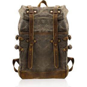 Waxed Canvas Leather Hiking Travel Waterproof Backpack For College Weekend Travel Fit 15in Laptops (Army Green)