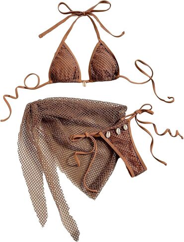 Women's Tie Back Knot Bikini Sets High Waist Fishnet Summer Swimsuit Bathing Suit with Cover Up Skirt in Saudi Arabia