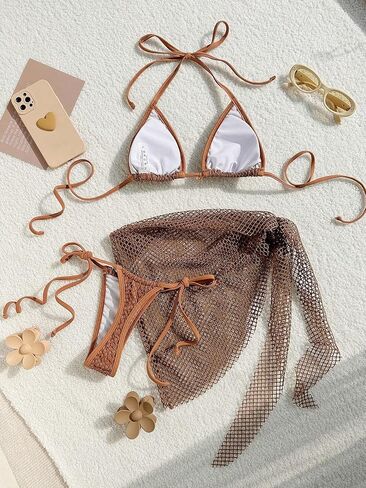 Women's Tie Back Knot Bikini Sets High Waist Fishnet Summer Swimsuit Bathing Suit with Cover Up Skirt in Saudi Arabia
