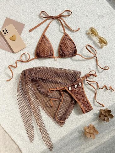 Women's Tie Back Knot Bikini Sets High Waist Fishnet Summer Swimsuit Bathing Suit with Cover Up Skirt in Saudi Arabia