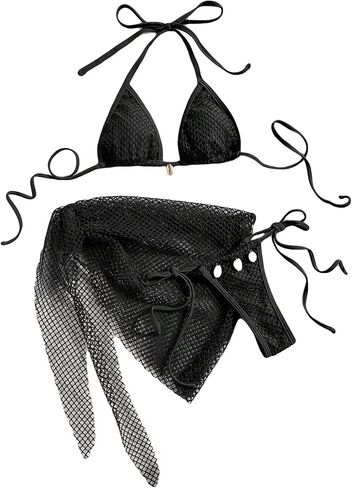 Women's Tie Back Knot Bikini Sets High Waist Fishnet Summer Swimsuit Bathing Suit with Cover Up Skirt in Saudi Arabia
