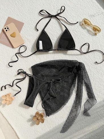 Women's Tie Back Knot Bikini Sets High Waist Fishnet Summer Swimsuit Bathing Suit with Cover Up Skirt in Saudi Arabia