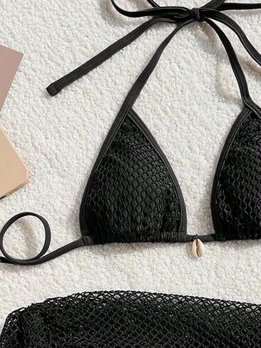 Women's Tie Back Knot Bikini Sets High Waist Fishnet Summer Swimsuit Bathing Suit with Cover Up Skirt in Saudi Arabia