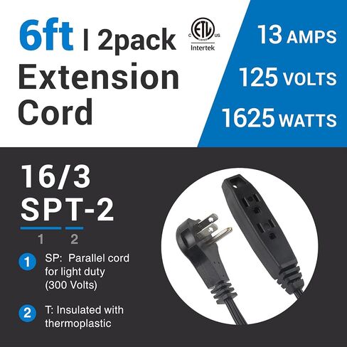 Clear Power 6ft 3 Outlet Indoor Flat Plug Extension Cord 16/3 SPT-2, White, 3 Prong Grounded, DCIC-00442P-DC (2-Pack) in Saudi Arabia