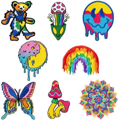8 Pcs Trippy Iron on Patches Psychedelic Hippie Mushroom Mandala Sew on Embroidered Applique Repair Patch Colorful Boho Kidcore Aesthetic DIY Craft Accessories for Clothing Jacket Jeans Backpack Hat in Saudi Arabia