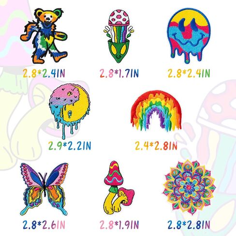8 Pcs Trippy Iron on Patches Psychedelic Hippie Mushroom Mandala Sew on Embroidered Applique Repair Patch Colorful Boho Kidcore Aesthetic DIY Craft Accessories for Clothing Jacket Jeans Backpack Hat in Saudi Arabia
