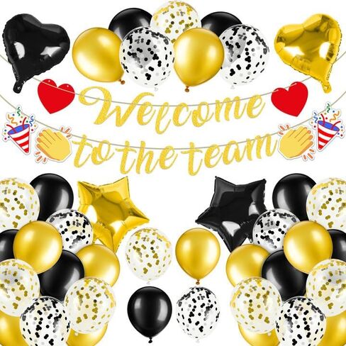 لافتة مرحبًا بك في الفريق، لافتة ترحيب باللون الأسود اللامع للموظف الجديد وزملاء العمل، لافتة بالونات ورقية وديكورات الرايات وديكورات حفلات المكتب وخلفية كشك الصور in Kuwait