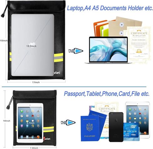 حقيبة مستندات نقود مقاومة للماء ومقاومة للحريق - عبوتان من أكياس السوستة الآمنة، حقيبة تنظيم تخزين مقاومة للحريق والماء لحامل مستندات A4 A5، والملفات، والنقود، والمجوهرات، وجواز السفر، والكمبيوتر اللوحي، والكمبيوتر المحمول (رمادي) in Kuwait